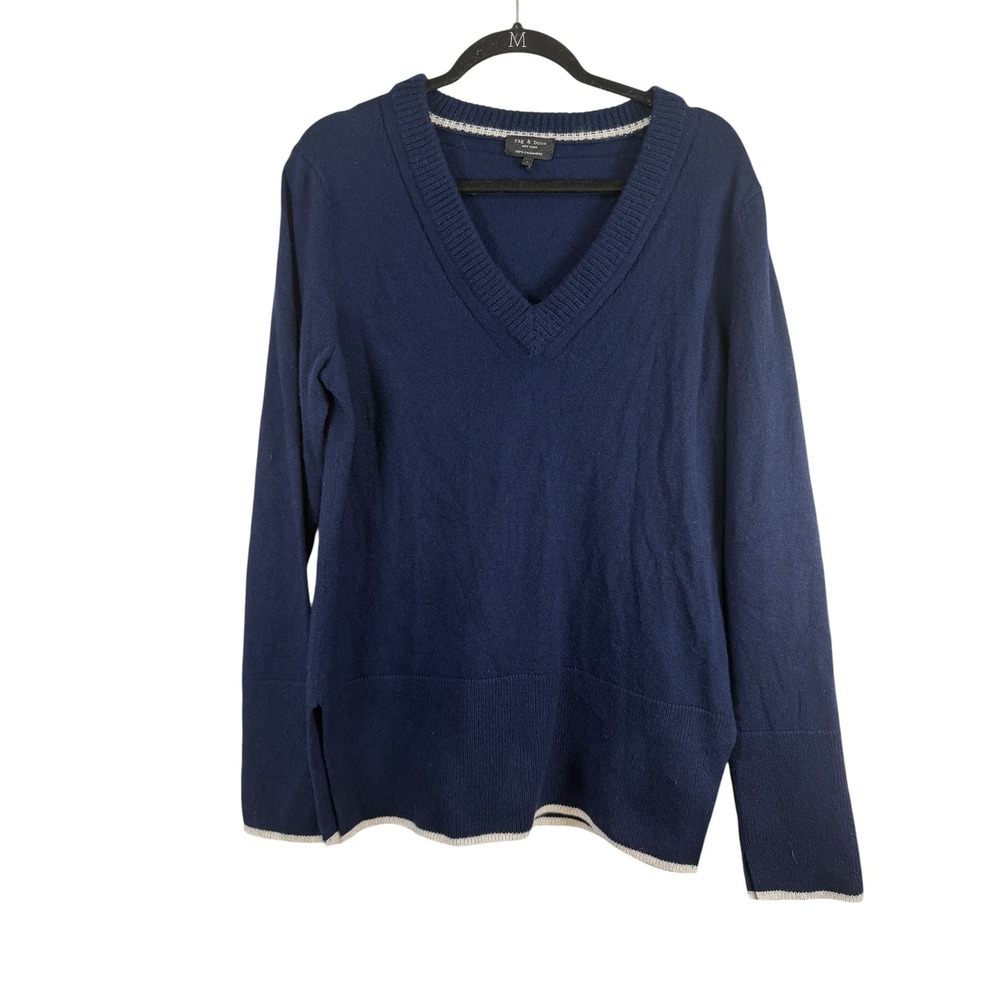 Rag & Bone 100% Cashmere lNavy Blue V-Neck Sweater Size L Contrast Trim